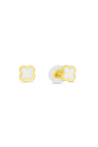 10K Gold Enamel Clover Screwback Stud Earrings , White