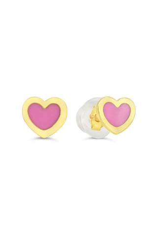 10K/14K Gold Enamel Heart Screwback Stud Earrings , Pink