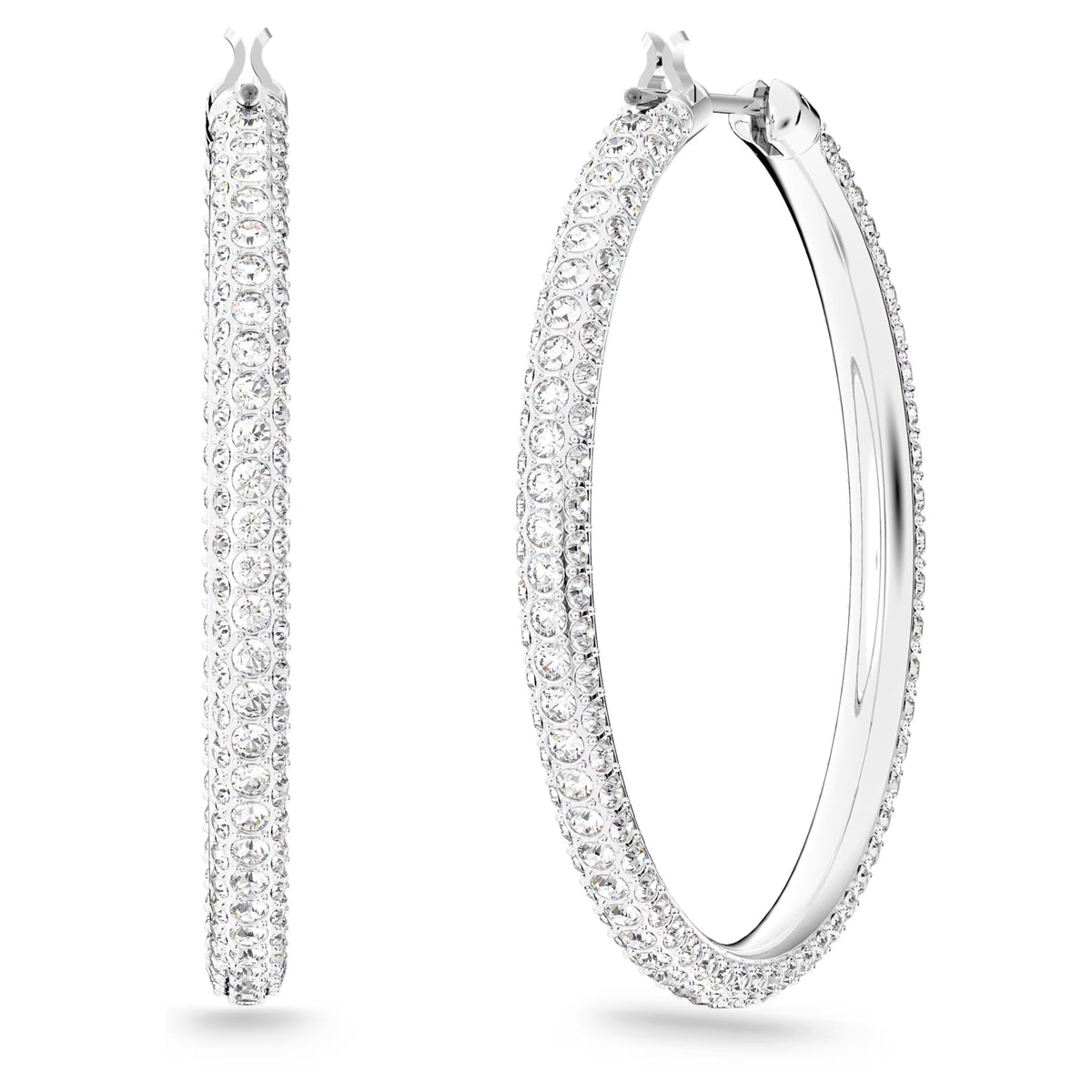 Dextera - Stone hoop earrings, Pavé, Large, White, Rhodium plated - 5389432