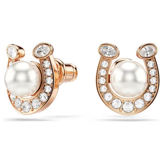 Swarovski Symbolica stud earrings, Crystal pearl, Pavé, Horse shoe, White, Rose gold-tone plated 5736980