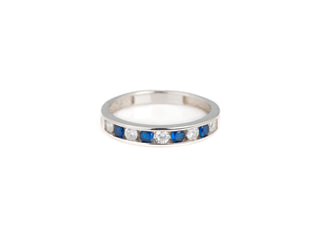 925 Silver Cubic Zirconia Round Brilliant Cut Semi Eternity Ring with Blue and White Stones