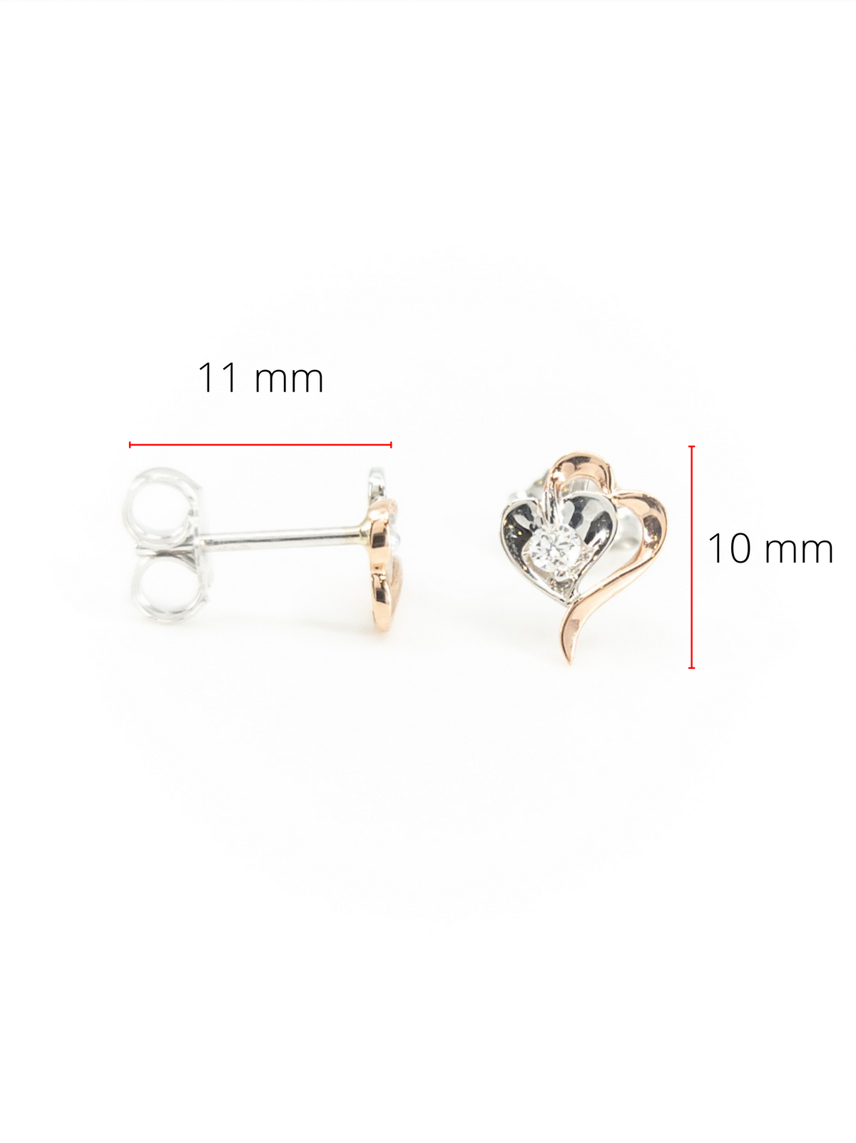 Pendientes de corazón de diamantes canadienses de talla redonda de 0,08 quilates en oro blanco y rosa de 10 quilates
