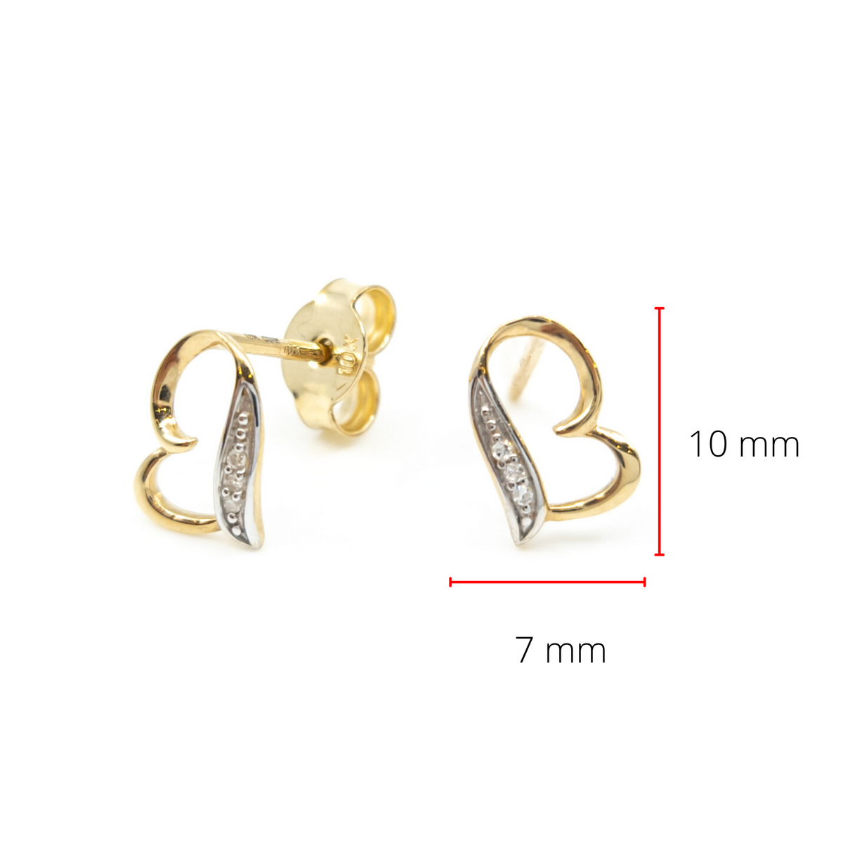 Aretes de diamantes en forma de corazón con forma lateral de oro amarillo de 10 quilates