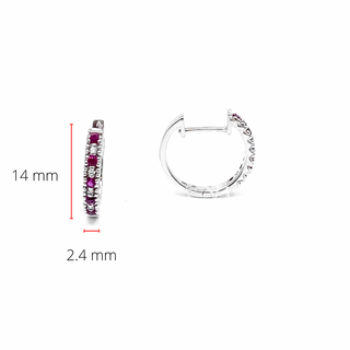 10K White Gold 0.20cttw Genuine Ruby and 0.04cttw Diamond Hoop Huggie Hinged Earrings