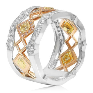 18K Tricolor Fancy Yellow, Pink and White Diamonds Band