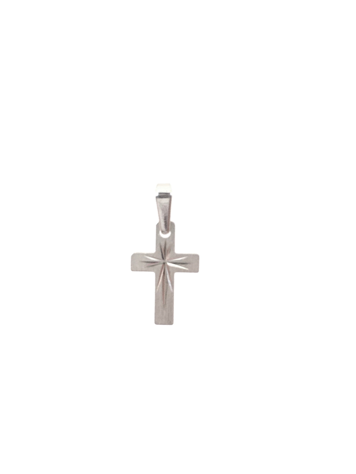 Dije de cruz central grabado en oro blanco de 10 quilates: 16 mm x 10 mm