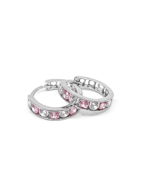 10K White Gold Huggies with Pink and Clear Cubic Zirconias