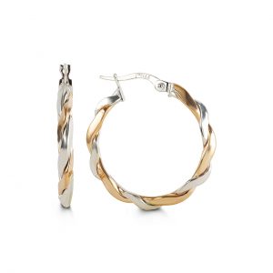 Pair of hoop earrings with gold and silvertwist design on a white background