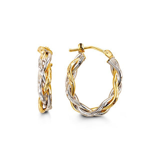 Pair of gold and silver hoop earrings on a white background