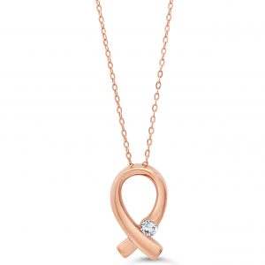 Rose gold necklace with a diamond pendant on a white background