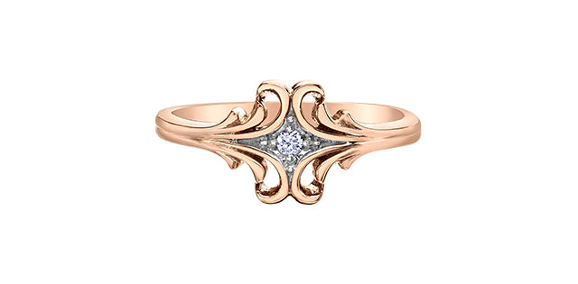 Rose gold ring with diamond on a white background