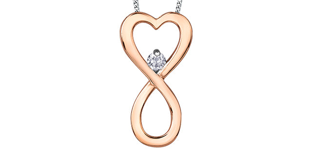 Rose gold infinity heart pendant with a diamond on a white background