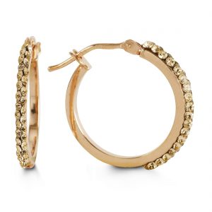Gold hoop earrings with embedded stones on a white background