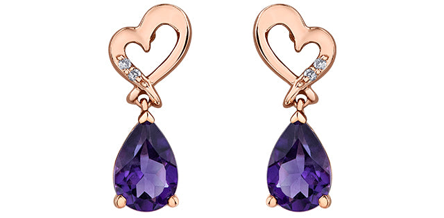 Rose gold heart-shaped earrings with purple teardrop gemstones on a white background
