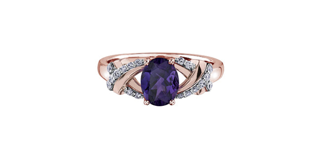 Rose gold ring with a purple gemstone and diamond accents on a white background