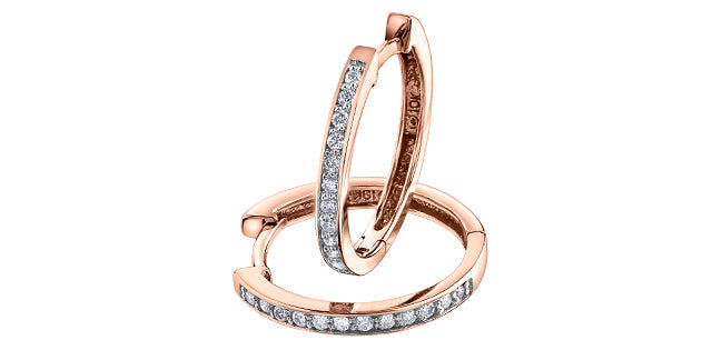 A pair of 10K rose gold diamond hoop huggie earrings with a hinged design, featuring small diamonds set along the hoop.