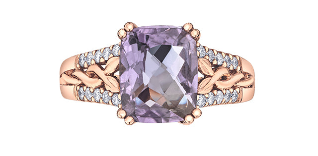 Rose gold ring with a purple gemstone and diamond accents on a white background