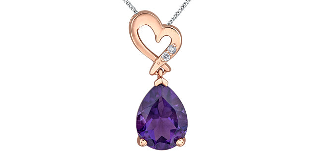 Rose gold heart-shaped necklace with a purple teardrop pendant on a white background