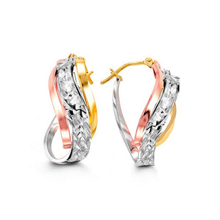 Pair of hoop earrings with gold, silver, and rose gold finish on a white background