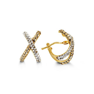 Gold earrings with crystal embellishments on a white background