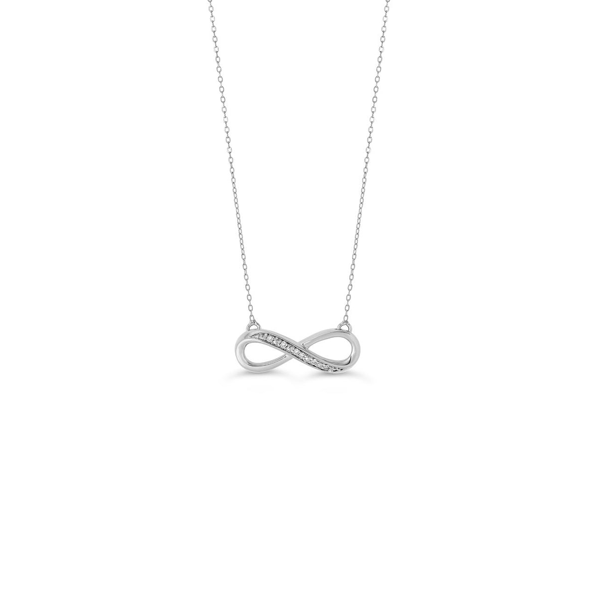 Silver infinity necklace on a white background