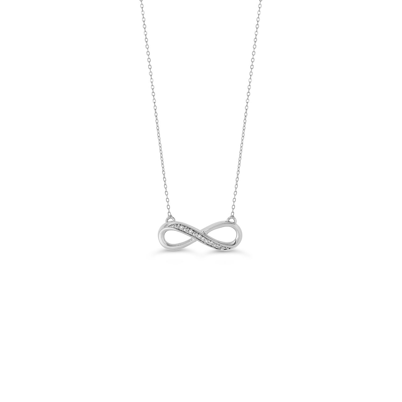 Silver infinity necklace on a white background