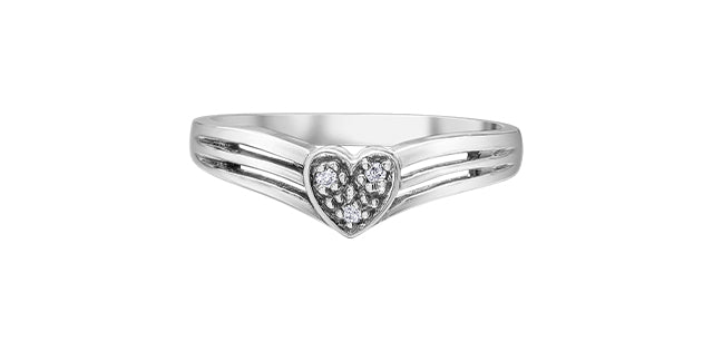 Silver ring with a heart-shaped diamond design on a white background