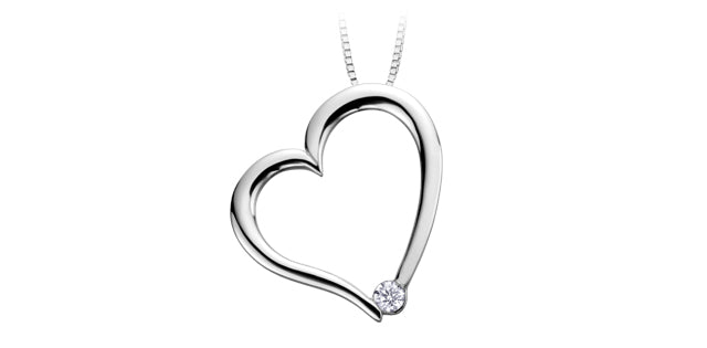 Heart-shaped silver pendant with a small diamond on a white background