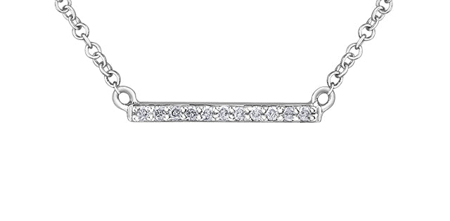 10K white gold diamond bar necklace with a chain of silver-colored metal links.