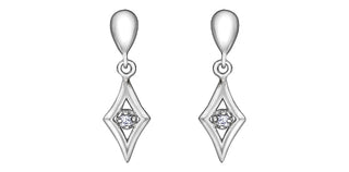 Pair of diamond-shaped silver earrings with clear gemstones on a white background