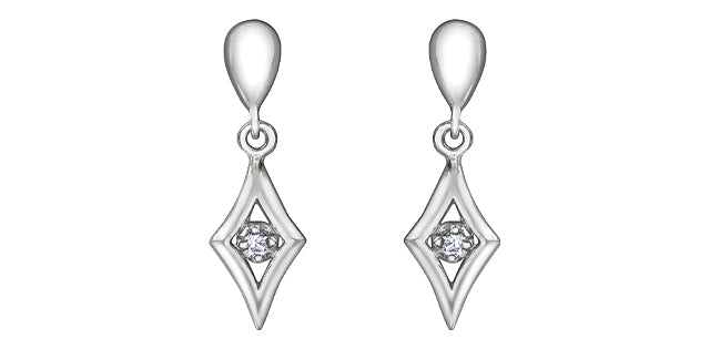 Pair of diamond-shaped silver earrings with clear gemstones on a white background
