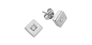 Silver square stud earrings with embedded diamonds on a white background