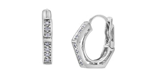 Silver hoop earrings with clear gemstones on a white background