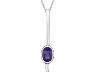 Silver pendant with a purple gemstone on a white background