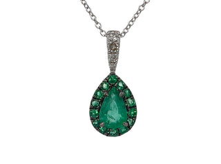 Green teardrop pendant with chain on a white background