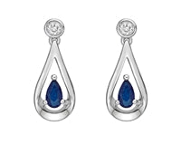 Teardrop-shaped earrings with blue gemstones and clear stones on a white background