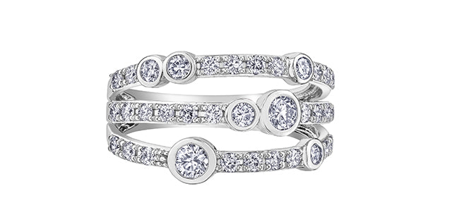 Stack of diamond rings on a white background