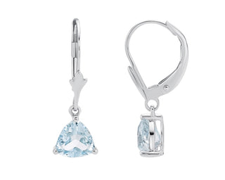Pair of silver earrings with heart-shaped blue gemstones on a white background