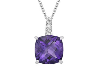 Purple gemstone necklace with silver chain on a white background