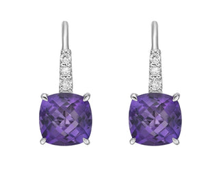 Aretes colgantes de oro blanco de 10 quilates con amatista de 2,35 quilates y diamantes de 0,065 quilates con cierres de palanca