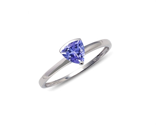 Silver ring with a trapezoid-shaped purple gemstone on a white background