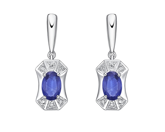 Pair of silver earrings with blue gemstones on a white background