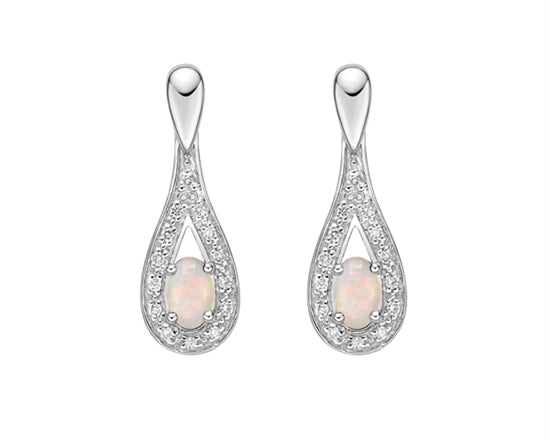 Teardrop-shaped opal earrings with silver detailing on a white background