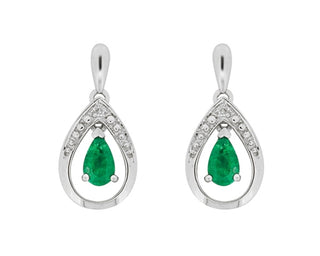 Teardrop-shaped earrings with green gemstones and diamond accents on a white background