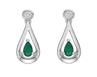 Teardrop-shaped earrings with green gemstones and clear stones on a white background