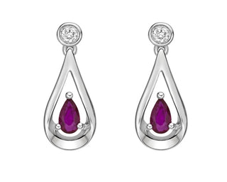 Teardrop-shaped earrings with red gemstones and clear stones on a white background