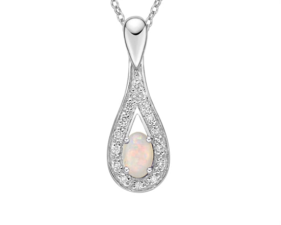 Silver pendant with a teardrop-shaped design featuring an opal stone on a white background
