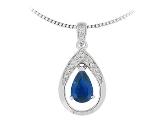 Teardrop-shaped pendant with blue gemstone and diamonds on a white background