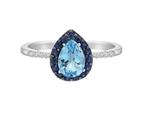 10K White Gold 7x5mm Pear Cut Sky Blue Topaz with Blue Sapphire Halo and 0.10cttw Diamond Ring