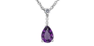 Purple teardrop gemstone necklace on a white background
